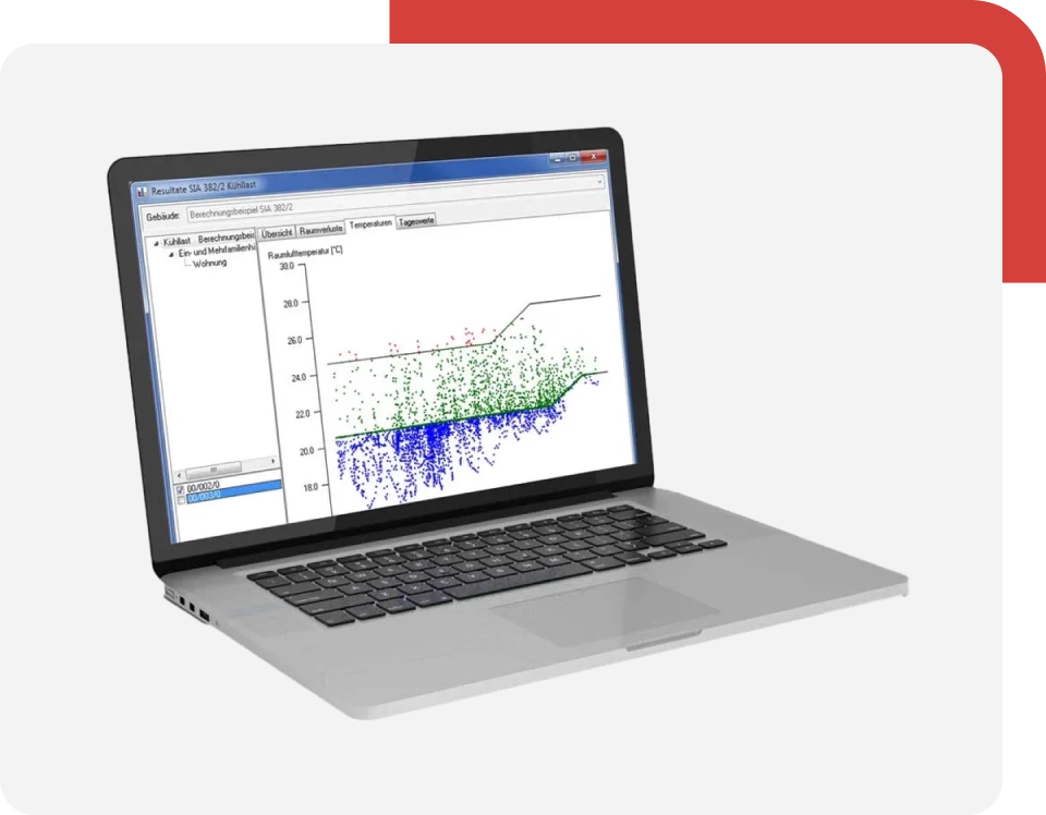 Laptop mit geöffneter Analyse-Software und Diagramm zur Raumtemperatur