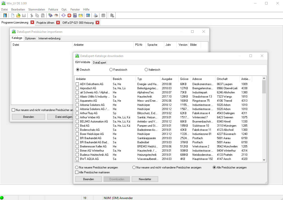 Dialog zum Herunterladen von DataExpert-Katalogen mit Anbieterliste und Sprachwahl