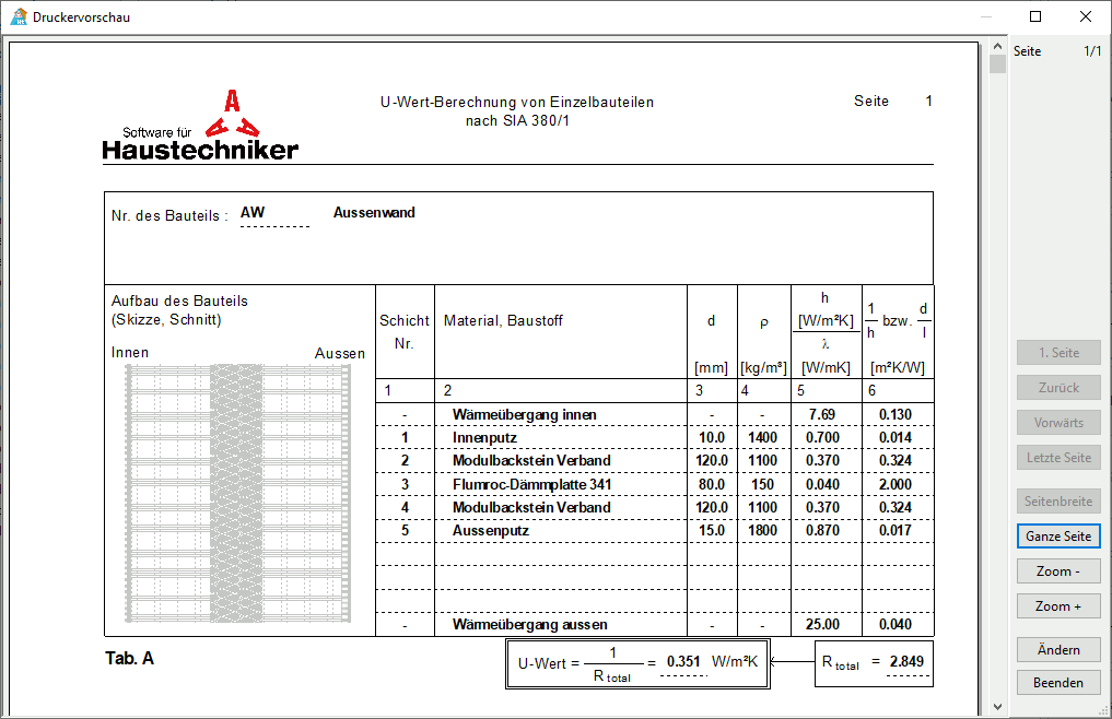 Druckvorschau einer U-Wert-Berechnung für eine Außenwand mit Schichtenaufbau und Materialtabelle